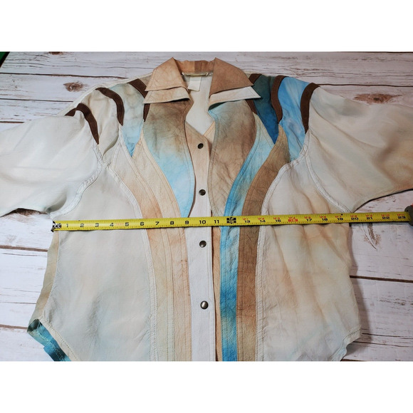 CACHE Vintage 80's Womens Top Collared Leather Accents Snap Front Rayon USA Made - Picture 9 of 12
